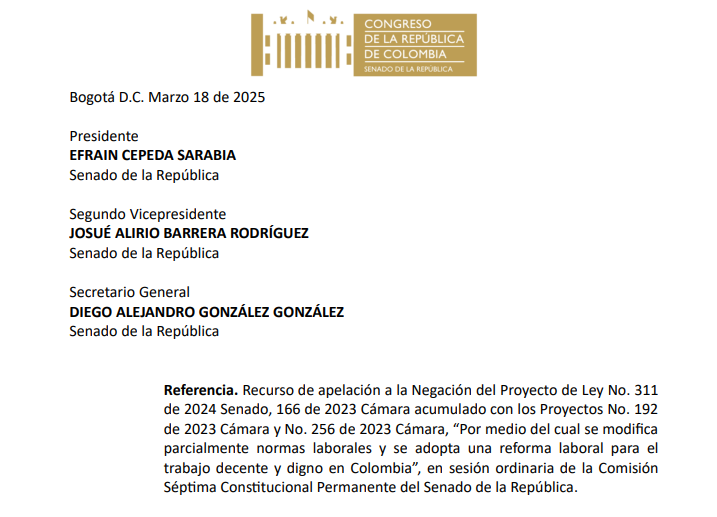 Reforma Laboral en Colombia: ¿Qué Implica el Recurso de Apelación del Proyecto de Ley 311 de 2024?